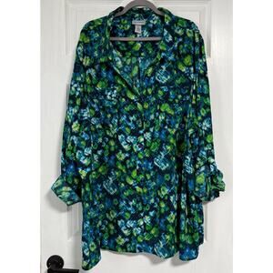 Catherines Women's Abstract Button Down Roll Tab Sleeve Top Size 5X- 34/36W